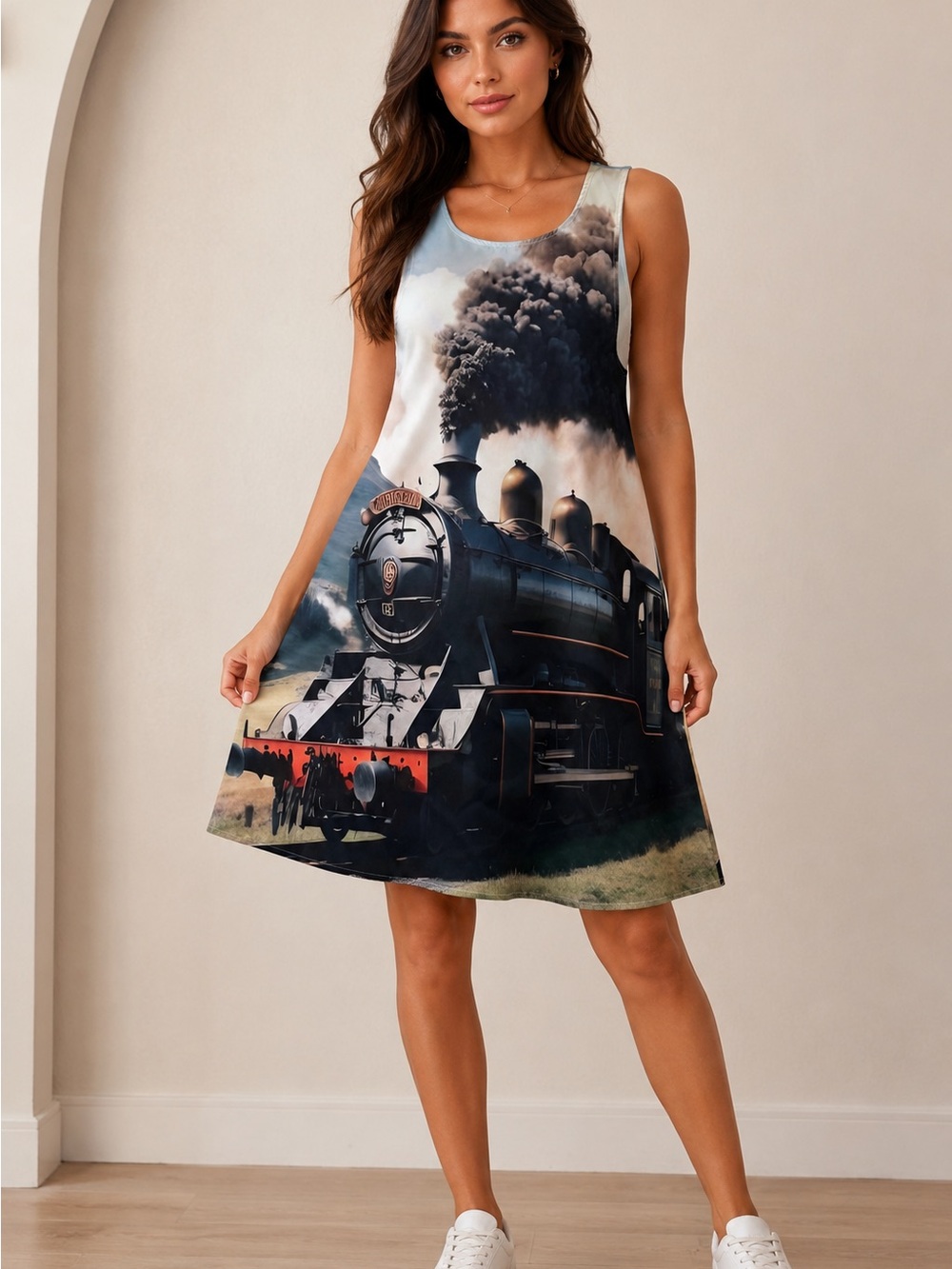 Sleeveless Steam Train Print A-Line Dress in Multi-Color